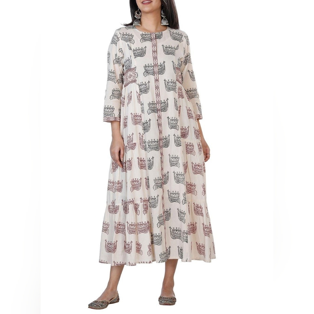 Hand block printed pure soft mul cotton gathered dress